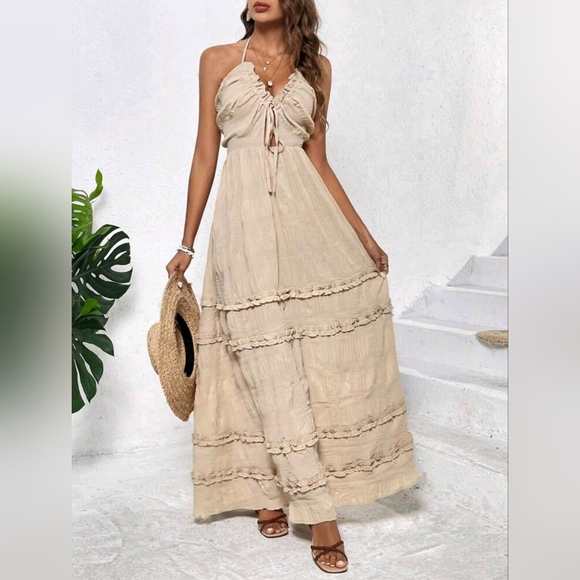 NEW Boho Tie Back Halter Ruffle Maxi Dress Beige Tan Nude - Picture 5 of 11